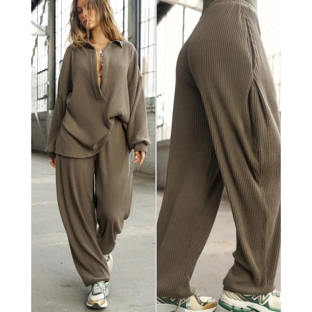 Joah Brown Relaxed Tapered Pants size Small Army Luxe Knit Ribbed Sweatpants